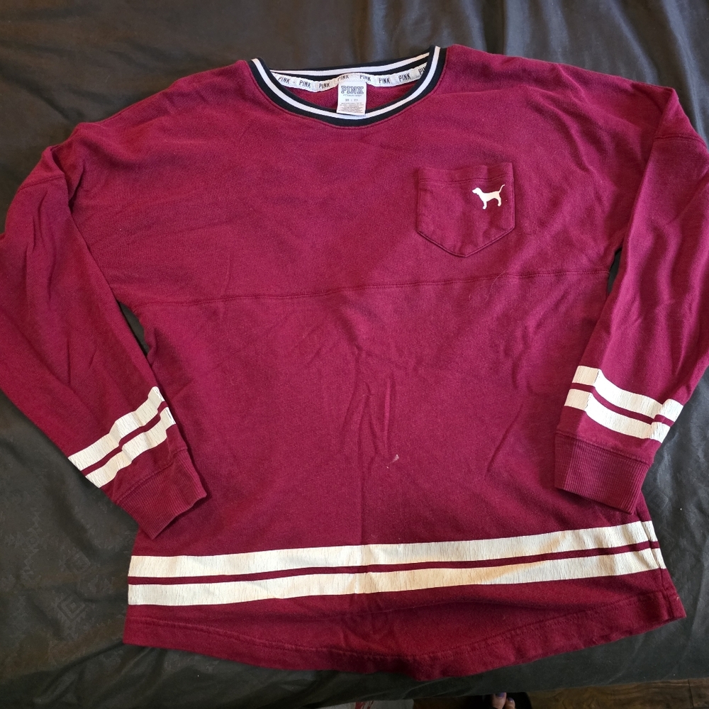 Pink Long Sleeve Shirt with White Stripes